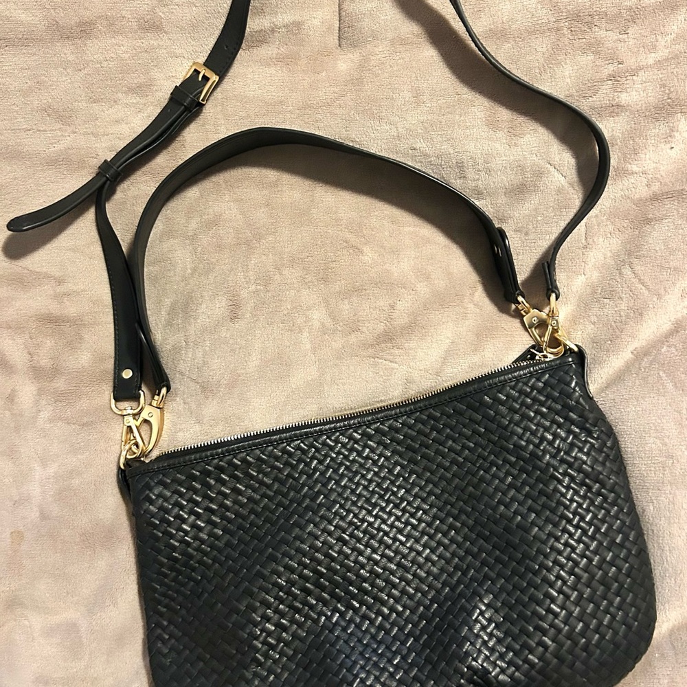 Quince Black Woven Leather Shoulder Bag with Gold Hardware